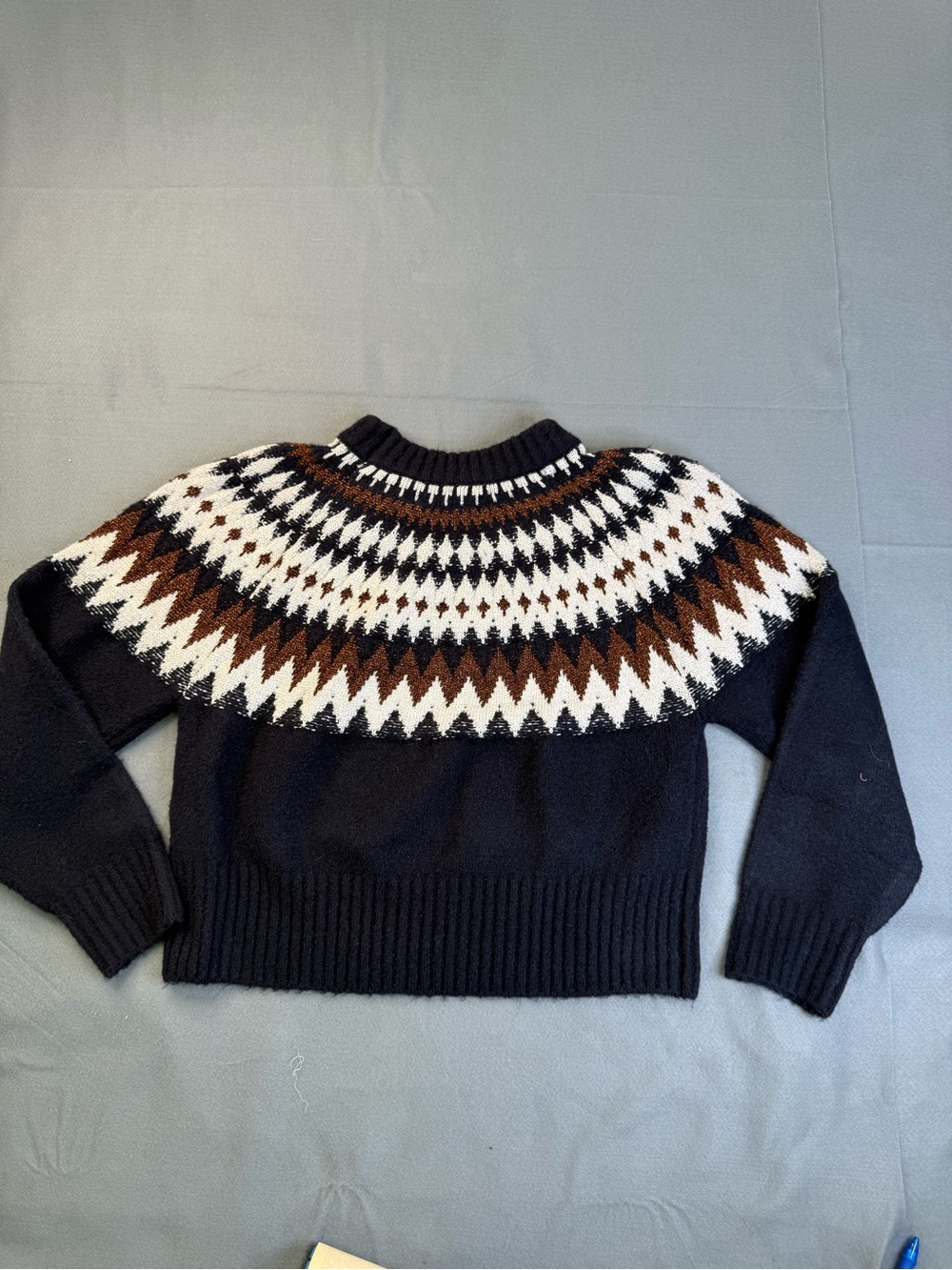 NWOT Blank NYC Black Fair Isle Yoke Sweater with White Brown Pattern
